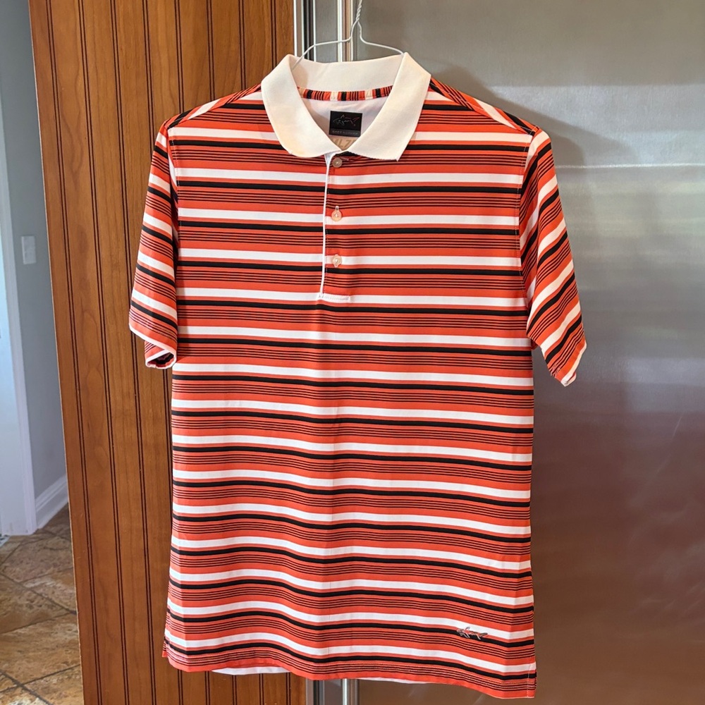 Greg Norman Collection Orange, White & Black Striped Polo